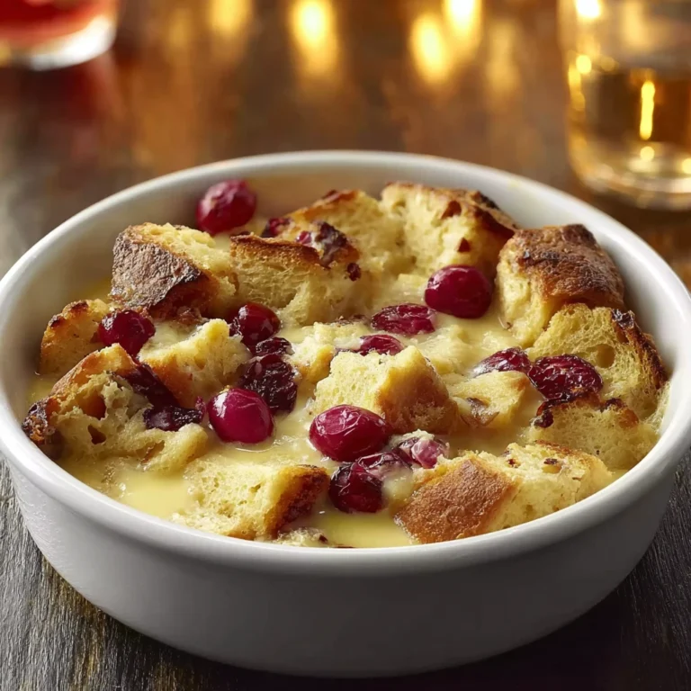 rich cranberry eggnog bread pudding with vanilla glaze in a baking dish