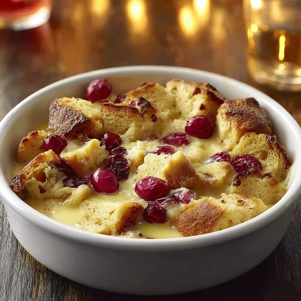 rich cranberry eggnog bread pudding with vanilla glaze in a baking dish