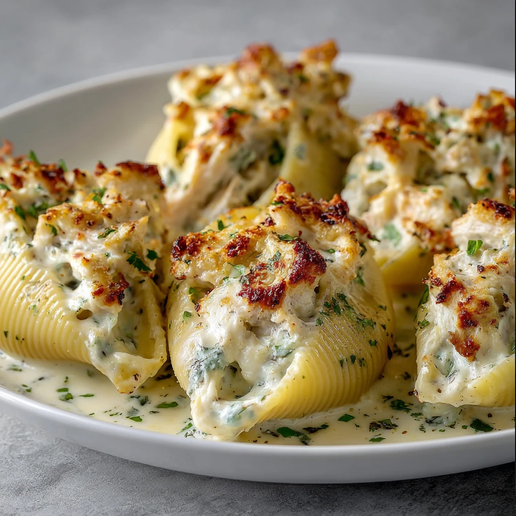 Baked Chicken Alfredo Stuffed Shells Cheesy Comforting Dinner