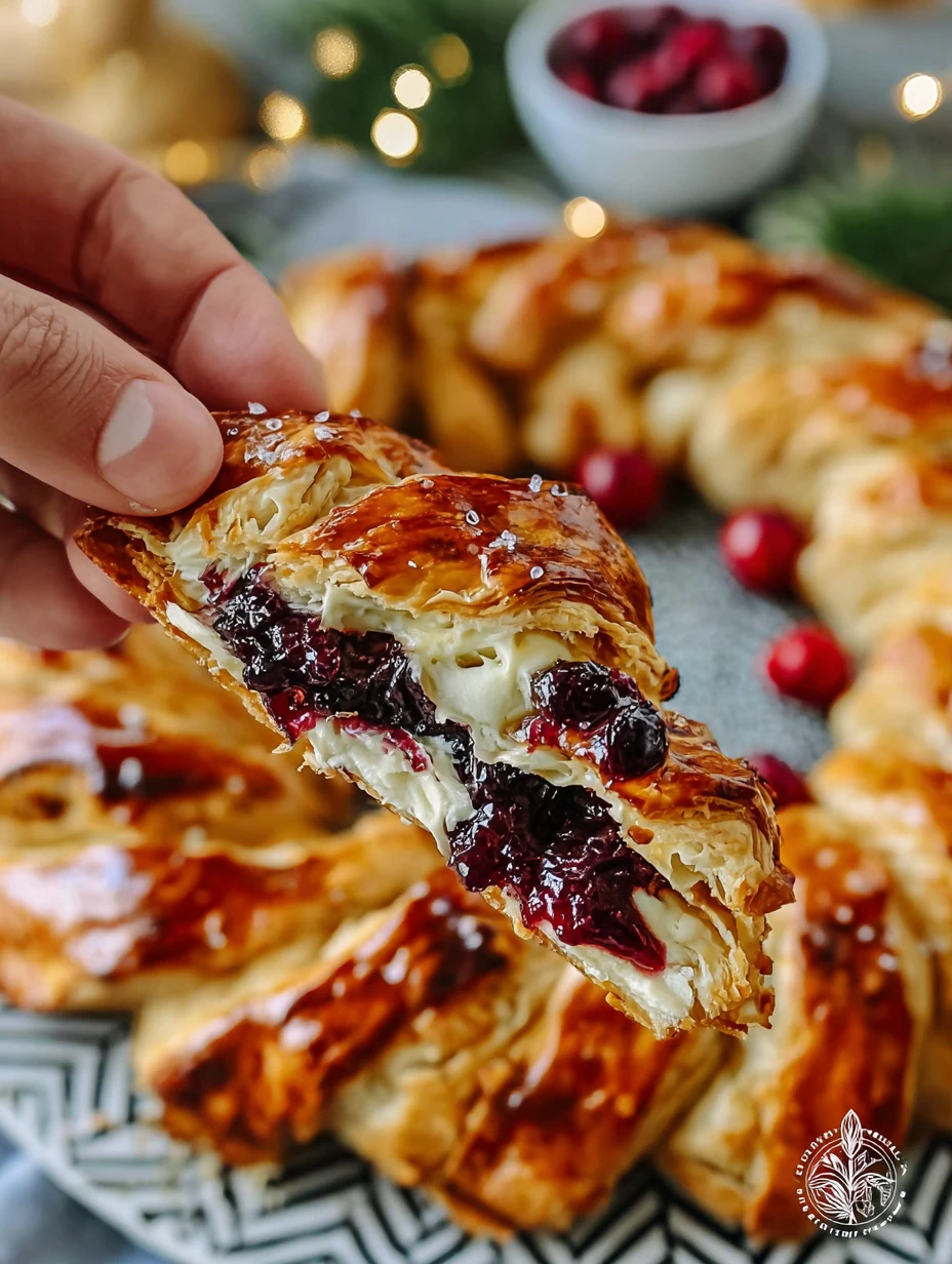 warm brie and cranberry tear-apart bread wreath on a festive table