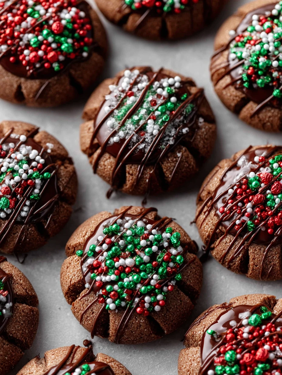 chocolate thumbprint cookies with sprinkles on a holiday dessert platter