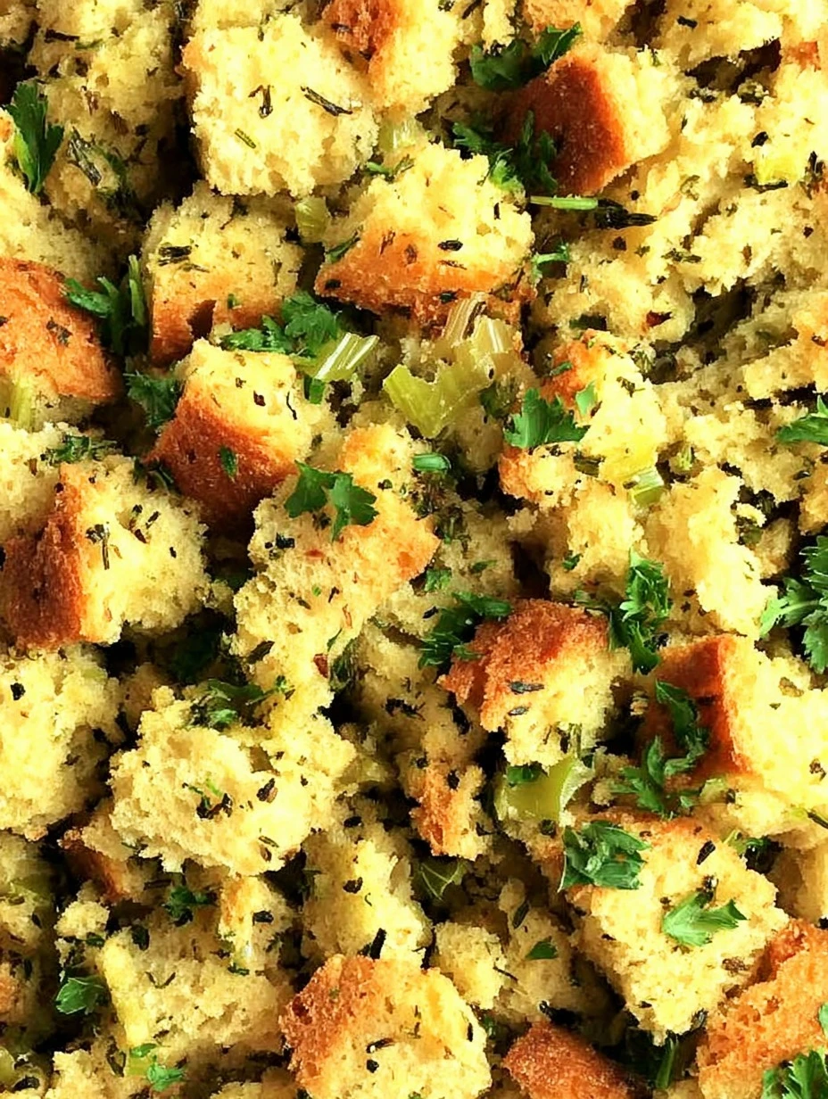 grandma's homemade thanksgiving stuffing with herbs and celery in a baking dish
