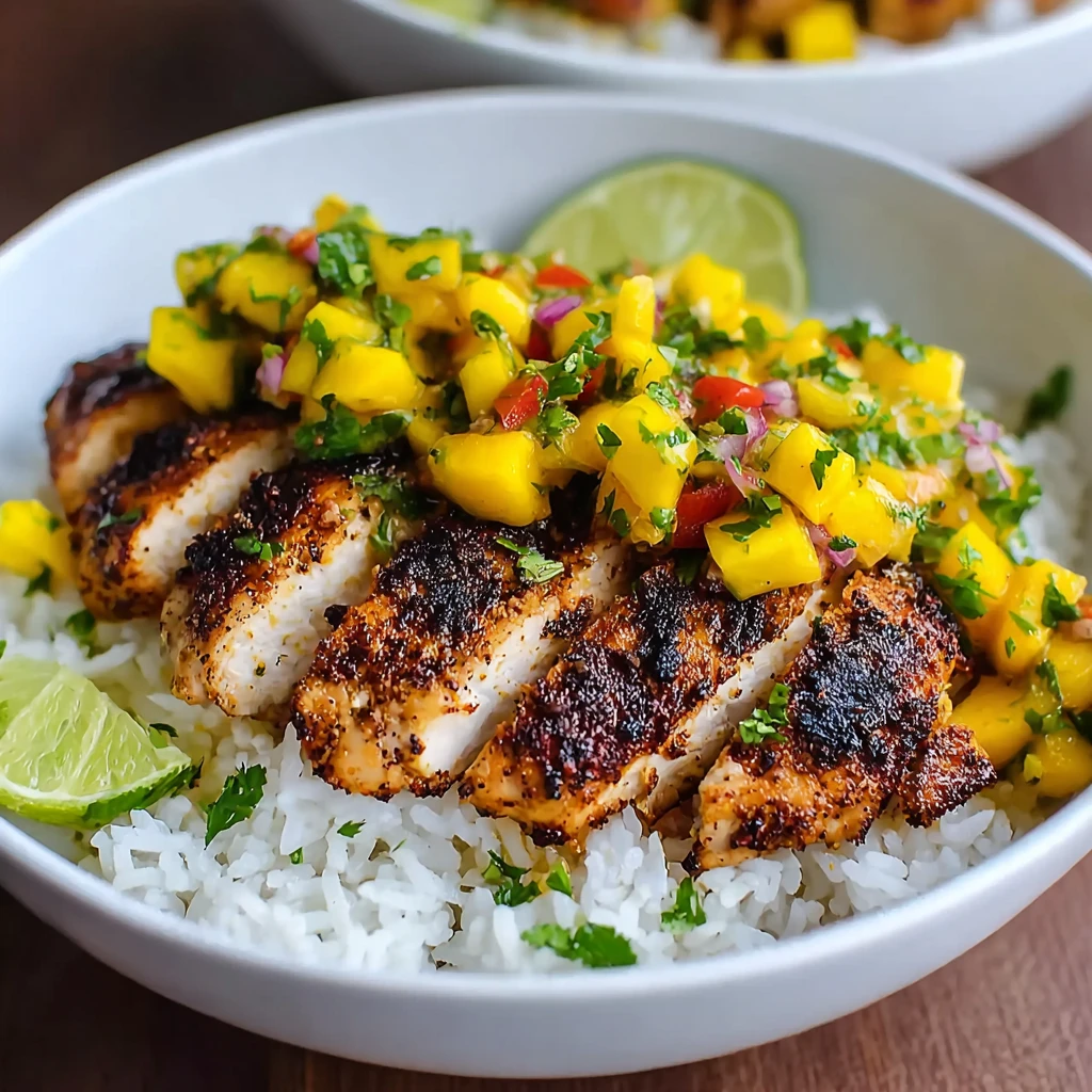 Jerk Chicken Bowls Mango Salsa Coconut Rice Flavorful