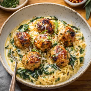 Oven-Baked Chicken Meatballs with Creamy Parmesan Spinach Orzo