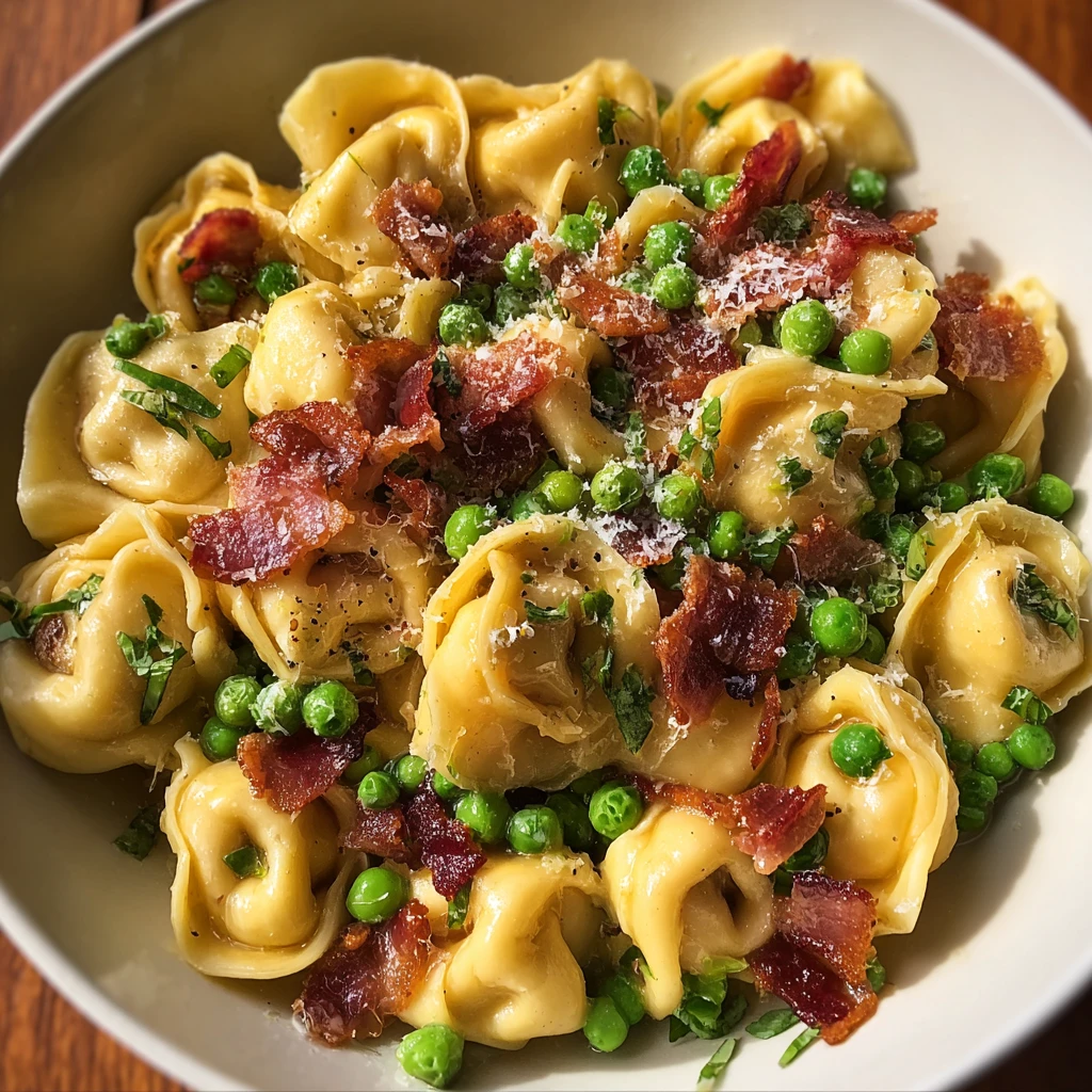 Tortellini with crispy pancetta and sweet baby peas