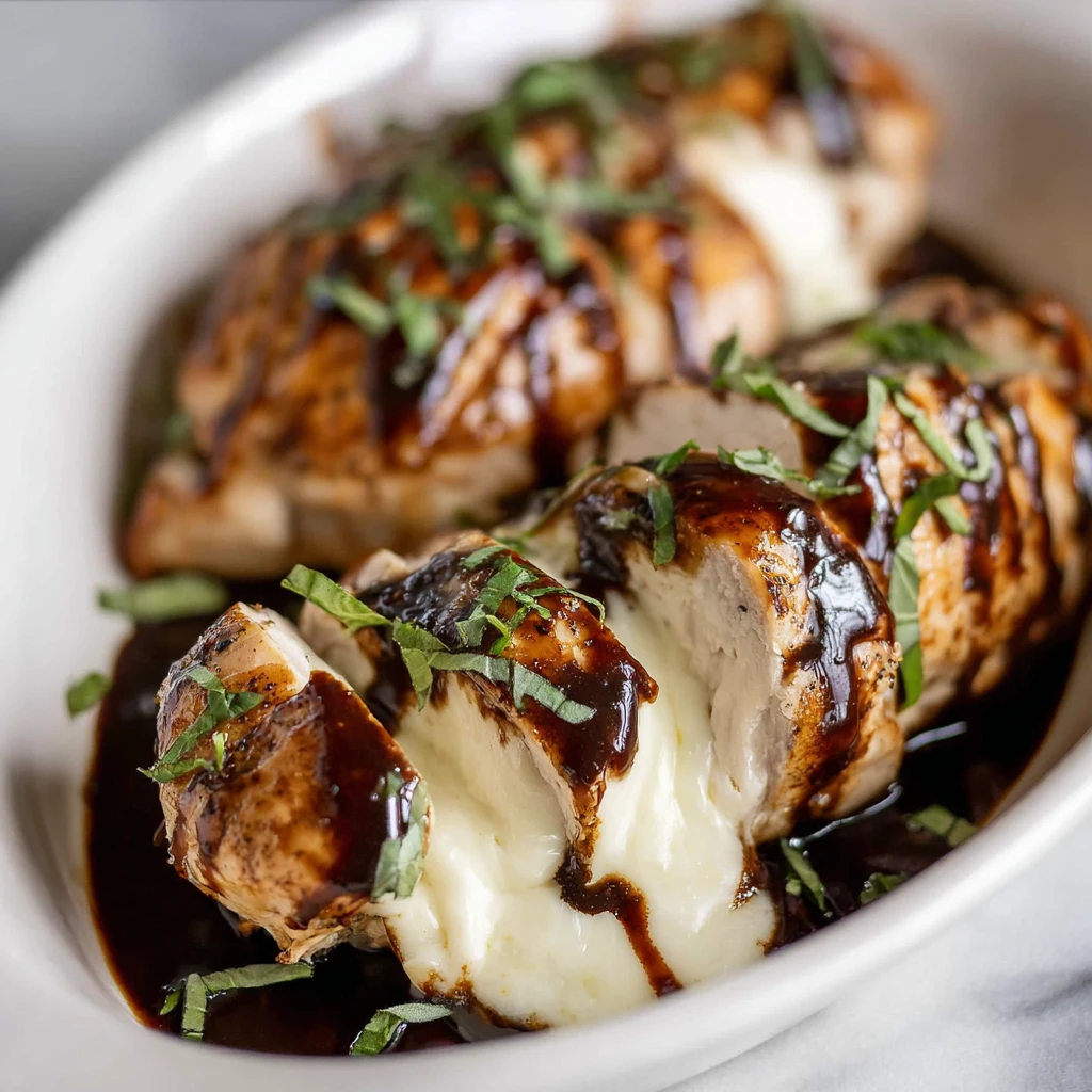 balsamic baked chicken breast with melted mozzarella cheese and cherry tomatoes in a baking dish