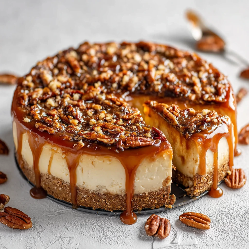 bourbon pecan pie cheesecake with caramelized pecans on a golden graham cracker crust