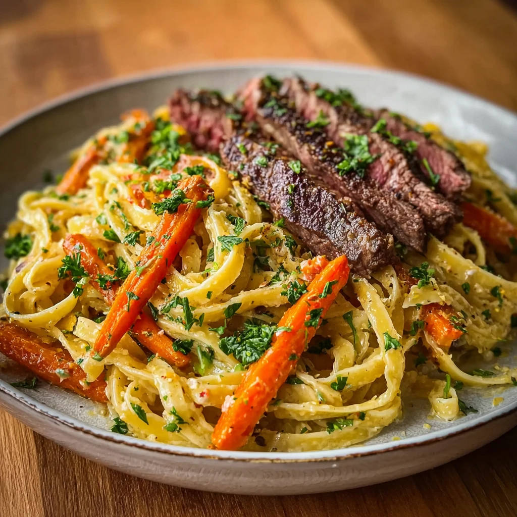 Cowboy Butter Steak Linguine Roasted Carrots Parsley