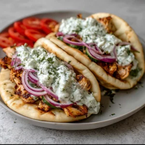 Crockpot Greek Chicken Pitas with Tzatziki