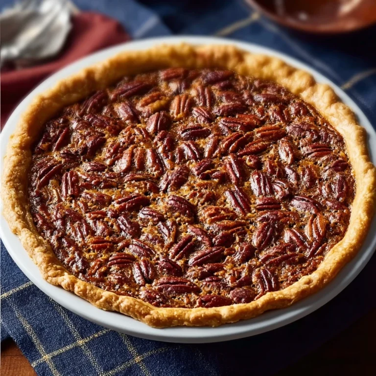 classic pecan pie with toasted pecan halves in a golden flaky crust on a wooden table