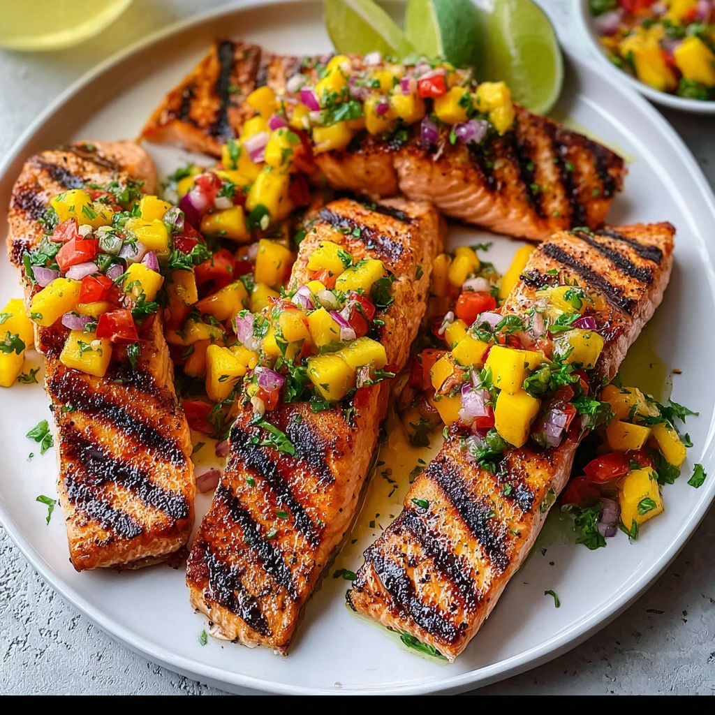 grilled salmon with fresh mango salsa on a white plate garnished with cilantro and lime