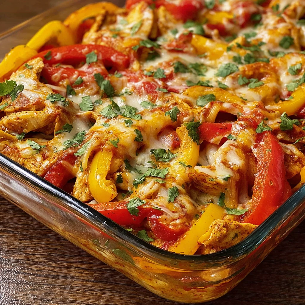 chicken fajita casserole with melted cheese, peppers, and onions in a baking dish