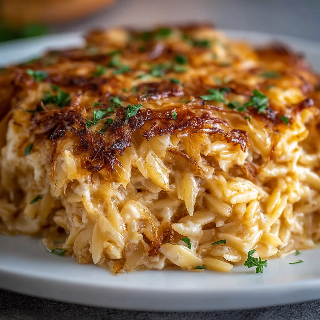 French Onion Chicken Orzo Casserole