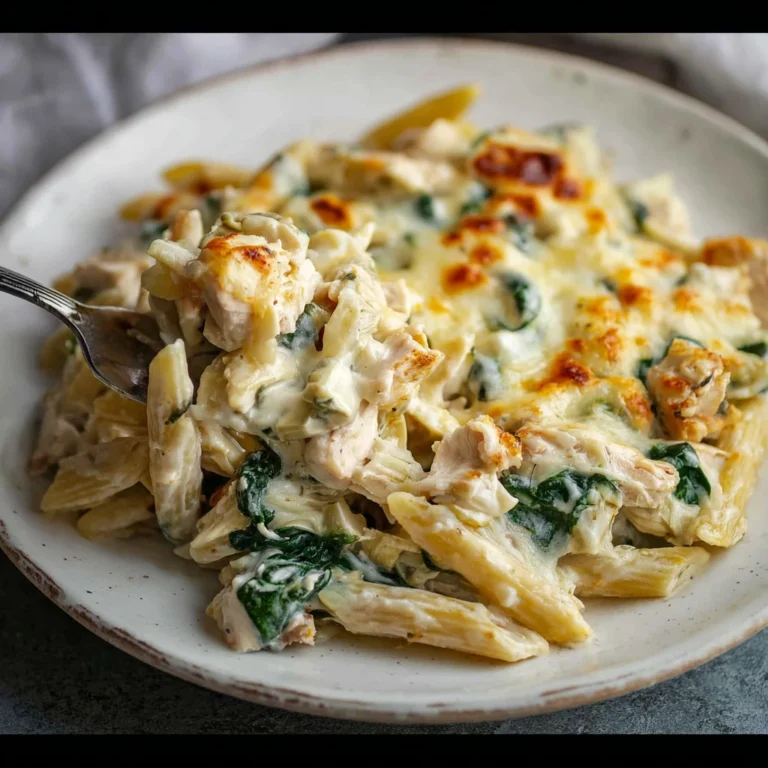 High Protein Chicken Spinach Artichoke Pasta Bake