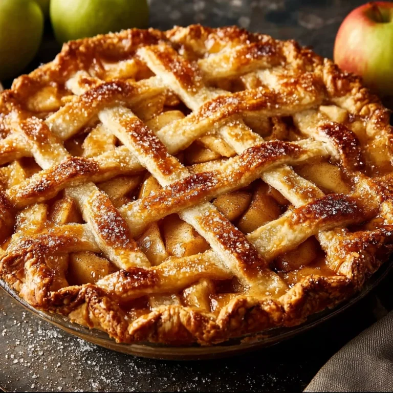 homemade apple pie with golden flaky lattice crust and cinnamon spiced apple filling on a wooden table