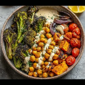 Roasted Veggie Chickpea Bowls with Maple Dijon Tahini Dressing
