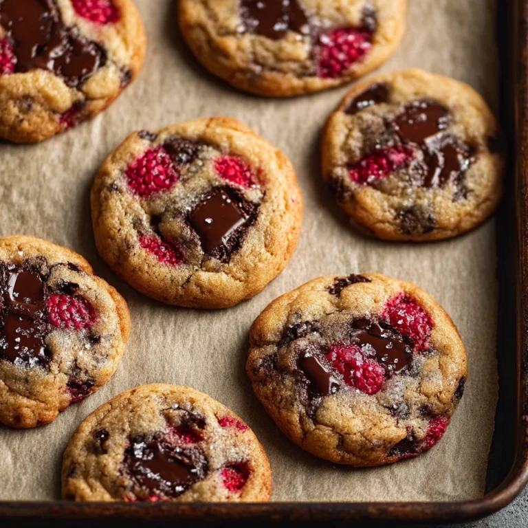soft and chewy raspberry chocolate chip cookies on a cooling rack with melty chocolate and pink raspberry swirls
