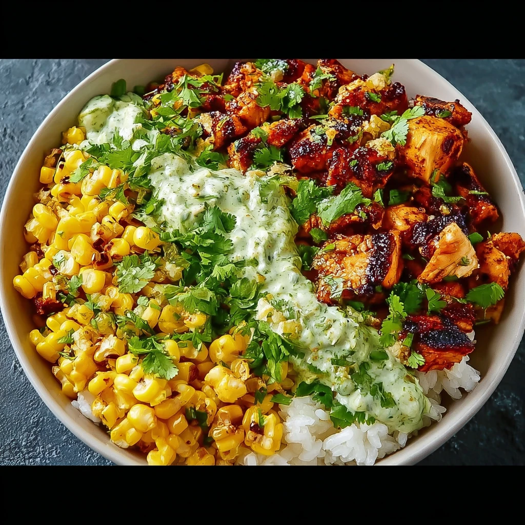 street corn chicken rice bowl with charred elote corn, seasoned chicken, cilantro lime rice, and avocado
