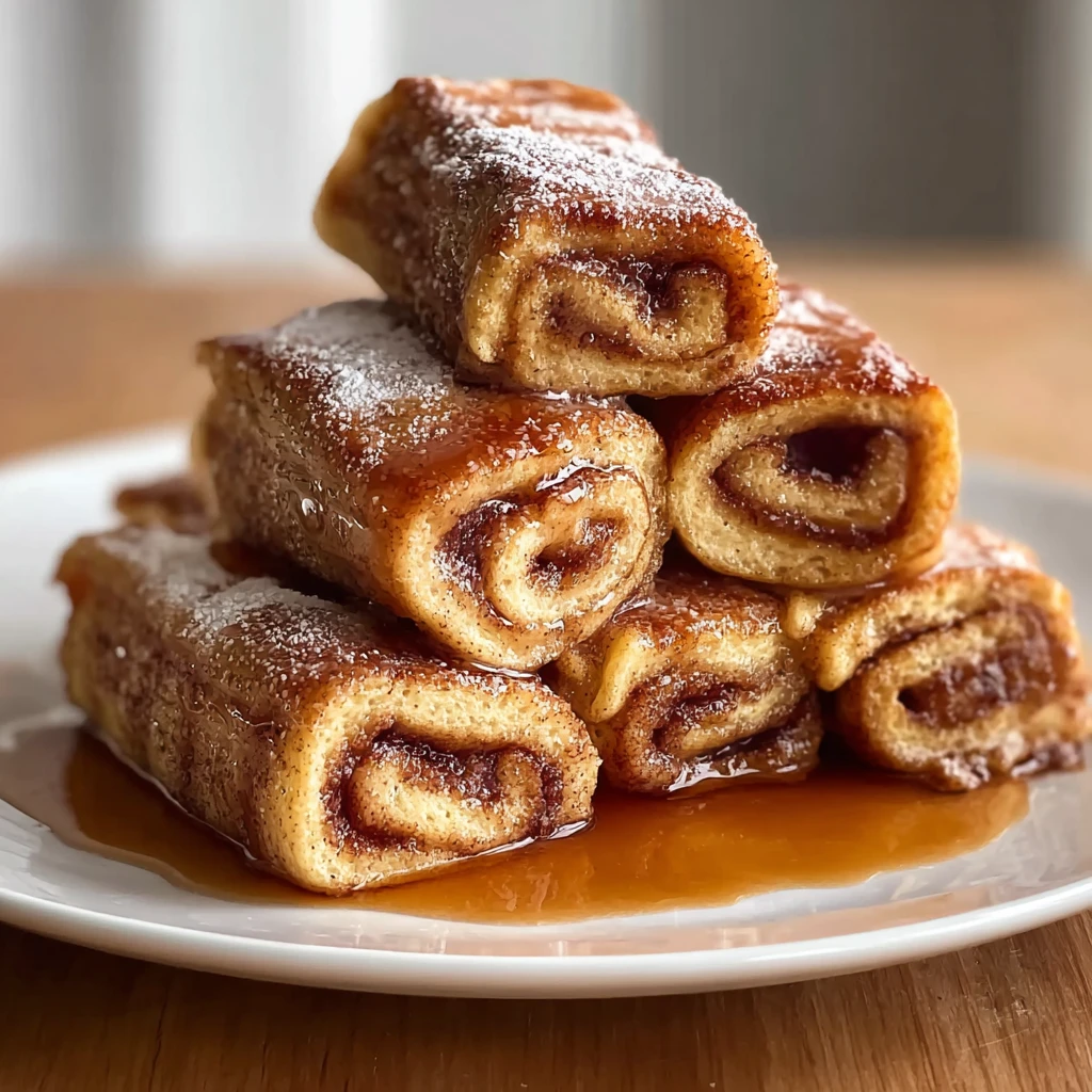 vegan cinnamon roll french toast roll-ups with maple syrup drizzle on a white plate