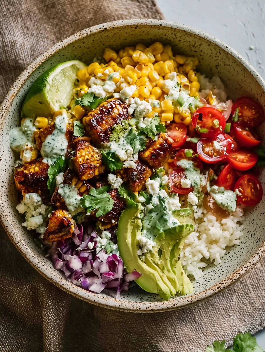 Healthy Street Corn Chicken Rice Recipe Low-calorie Street Corn Chicken Bowl Gluten-free Chicken Corn Rice Bowl High-prote...