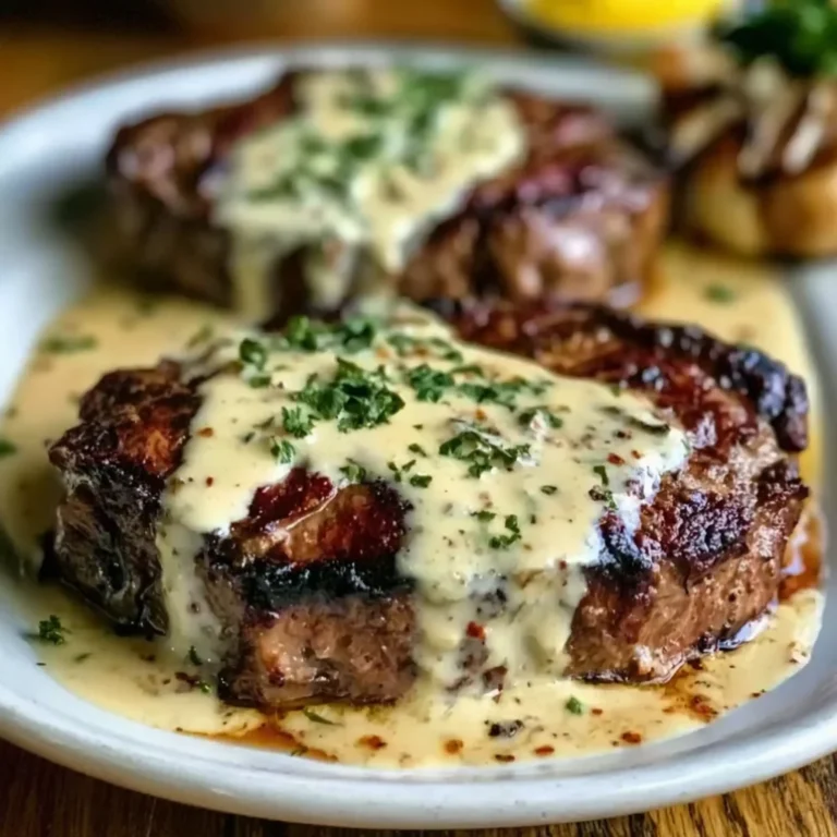 Juicy steak with creamy garlic sauce